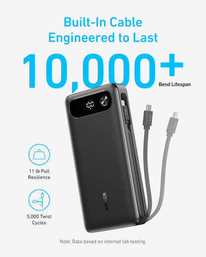 Anchor Powerbank, 20,000mAh portable charger with built-in USB-C cable, 87W max fast charging battery, 1 USB-C and 1 USB-A port, for MacBook, iPhone 17/16/15/14 Series, Samsung, Switch, and more.