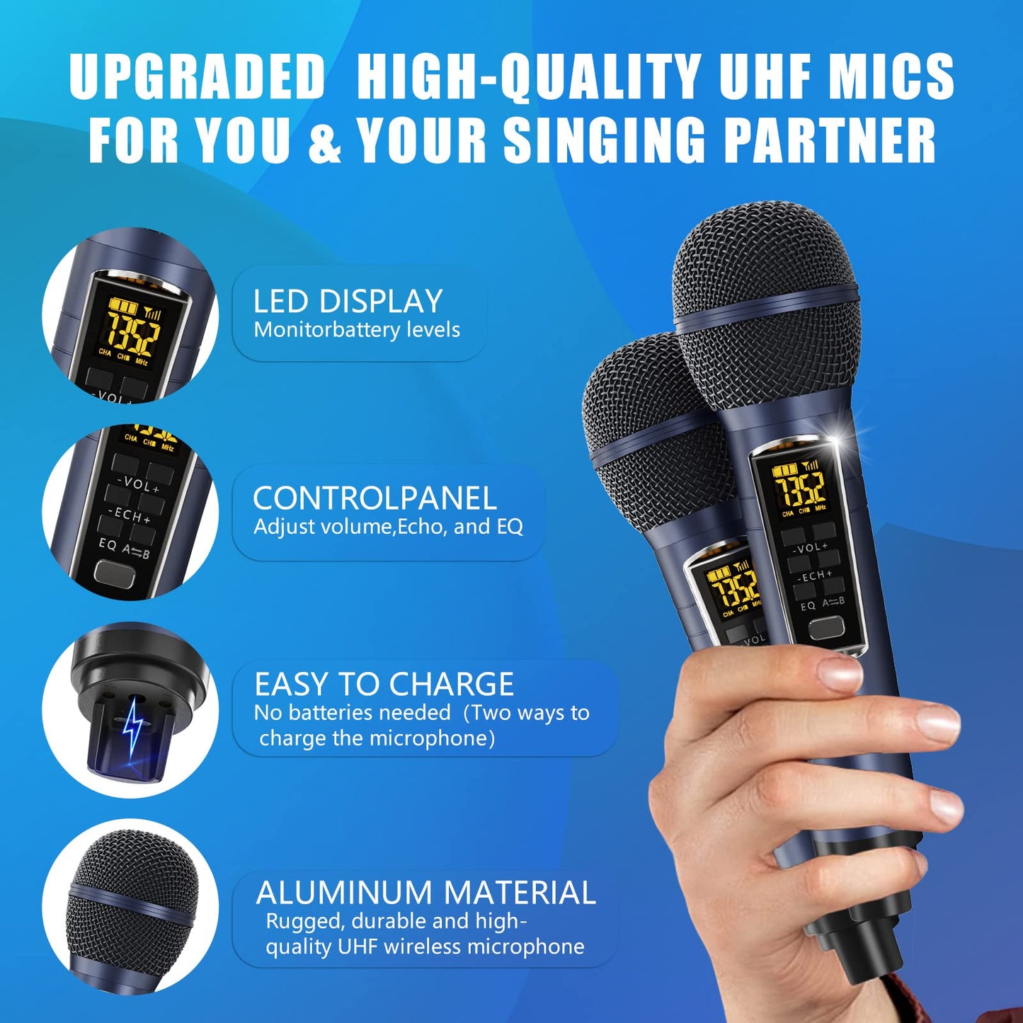 Karaoke machine for adults and kids, portable Bluetooth speakers with 2 UHF wireless microphones. Karaoke speaker PA system with LED lights for outdoor/indoor-Blue.