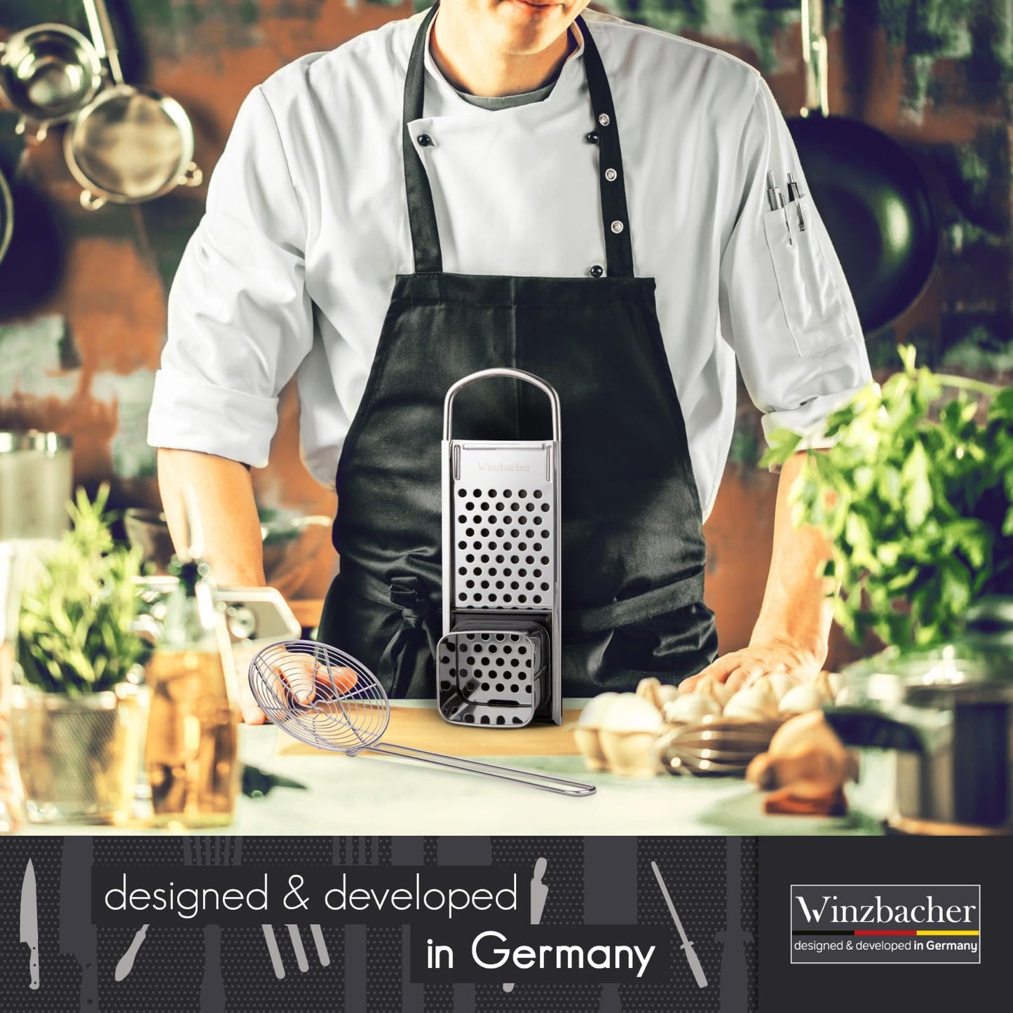 Winzbacher stainless steel spaetzle maker + ladle [pot Ø of 16-30cm] dishwasher safe | rustproof | spaetzle grater, spaetzle sieve, spaetzle press | for spaetzle & dumplings.