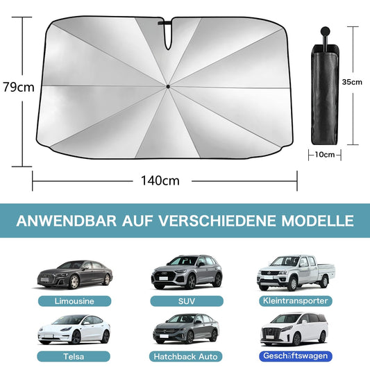 JelKen Car Sunshade Windshield, 2025 Upgrade - 360° Rotatable Handle | Carbon Fiber Skeleton | Effective UV Protection & Heat Insulation | Universal Fit for Most Vehicles, 140x79 cm