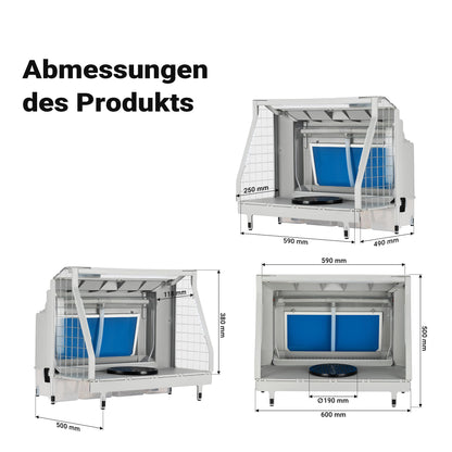 XPOtool airbrush extraction system with water wall 11m³/min, waterfall water shield with LED, and fan for extracting paint mist, high-quality spray booth for airbrush work.