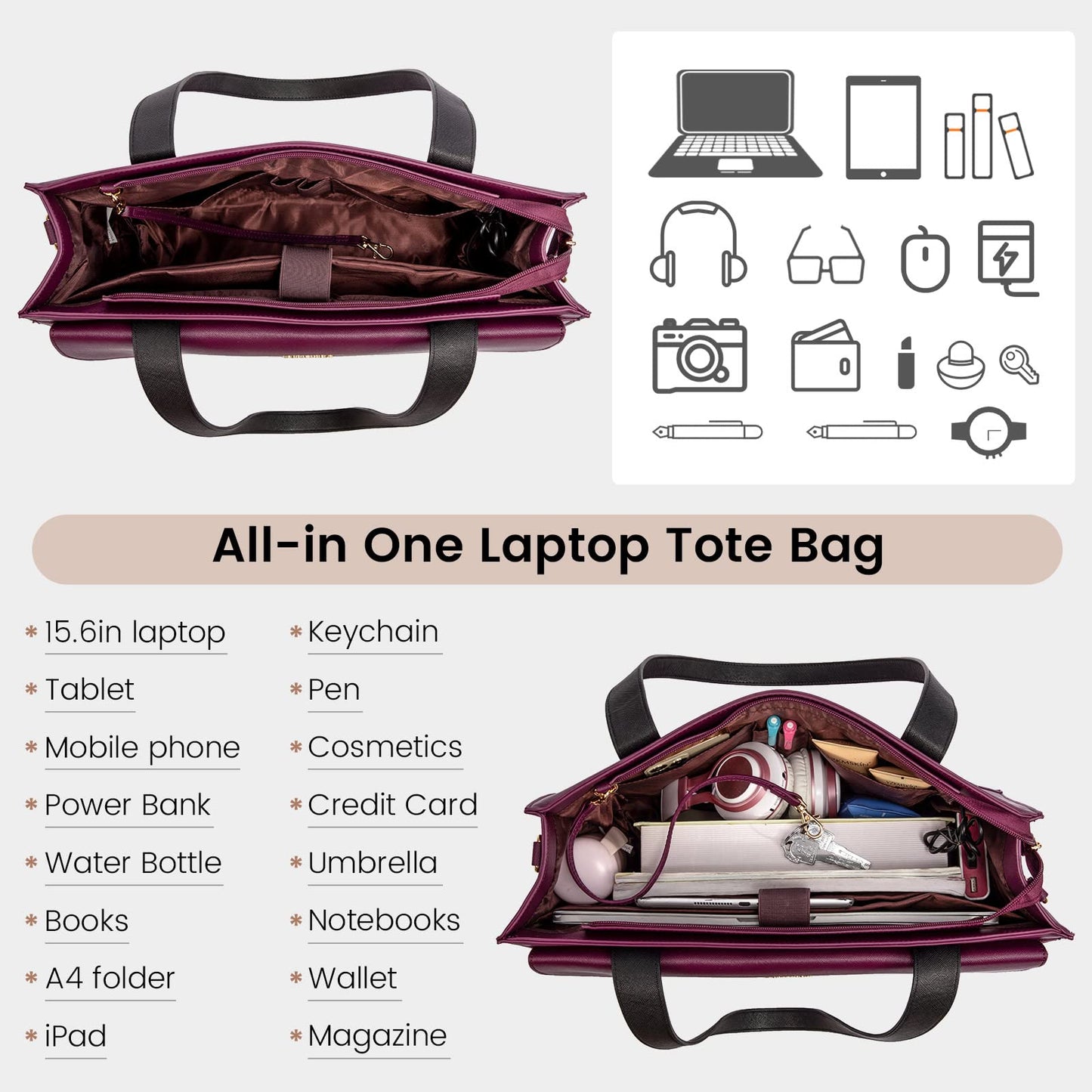 LOVEVOOK Laptop Bag for Women 15.6 Inch, Elegant Handbag Work Bag Large Shopper Business Bag Briefcase Teacher Bag, PU Leather Tote Bag School Bag Notebook Bag for Office College, Purple
