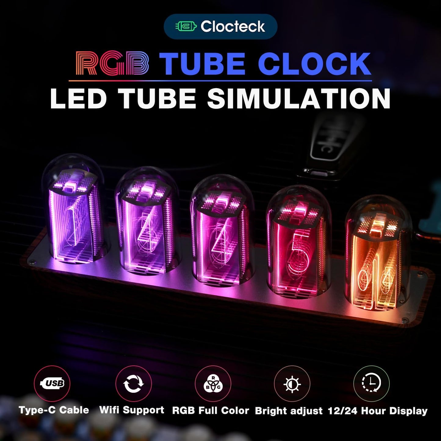 ClocTeck LED Nixie Clock, Digital Nixie Tube Clock, Nixie Tube Clock, Syncs with WiFi, Alarm and 12/24-hour display, no assembly required - A retro gift for friends.