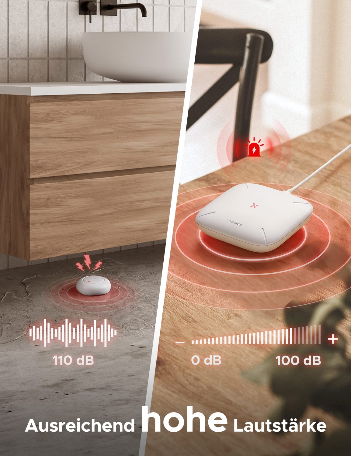 X-Sense Smart Water Detector with Battery, Wi-Fi Water Sensor, compact flood sensor with adjustable volume of up to 110 dB and 500m range, for kitchens, basements, and bathrooms.