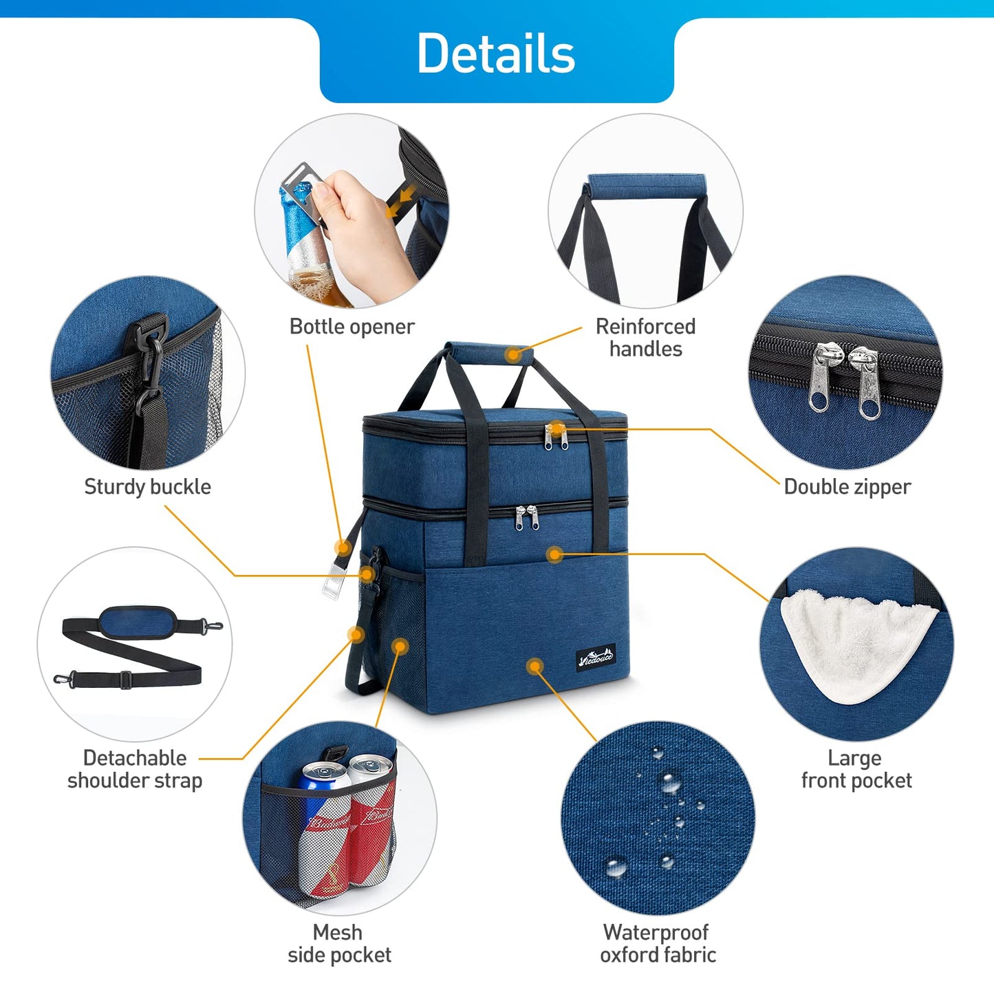 Viedouce cooler bag, expandable insulated picnic bag for men and women, double compartments waterproof leakproof lunch bag with shoulder strap beer opener for outdoor camping travel (blue, 30L)
