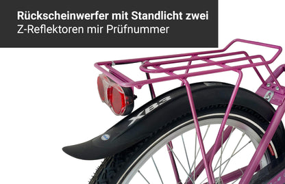 XB3 20 inch girls' bike with 6-speed gears, StVZO-approved hub dynamo, LED light, and standing light (pink)