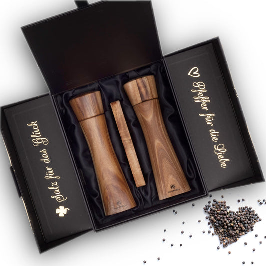 BUTLERBELL® Salt and Pepper Mill Set with Coasters in Luxury Gift Box, perfect as a wedding gift | Wedding presents for the couple | Housewarming gift