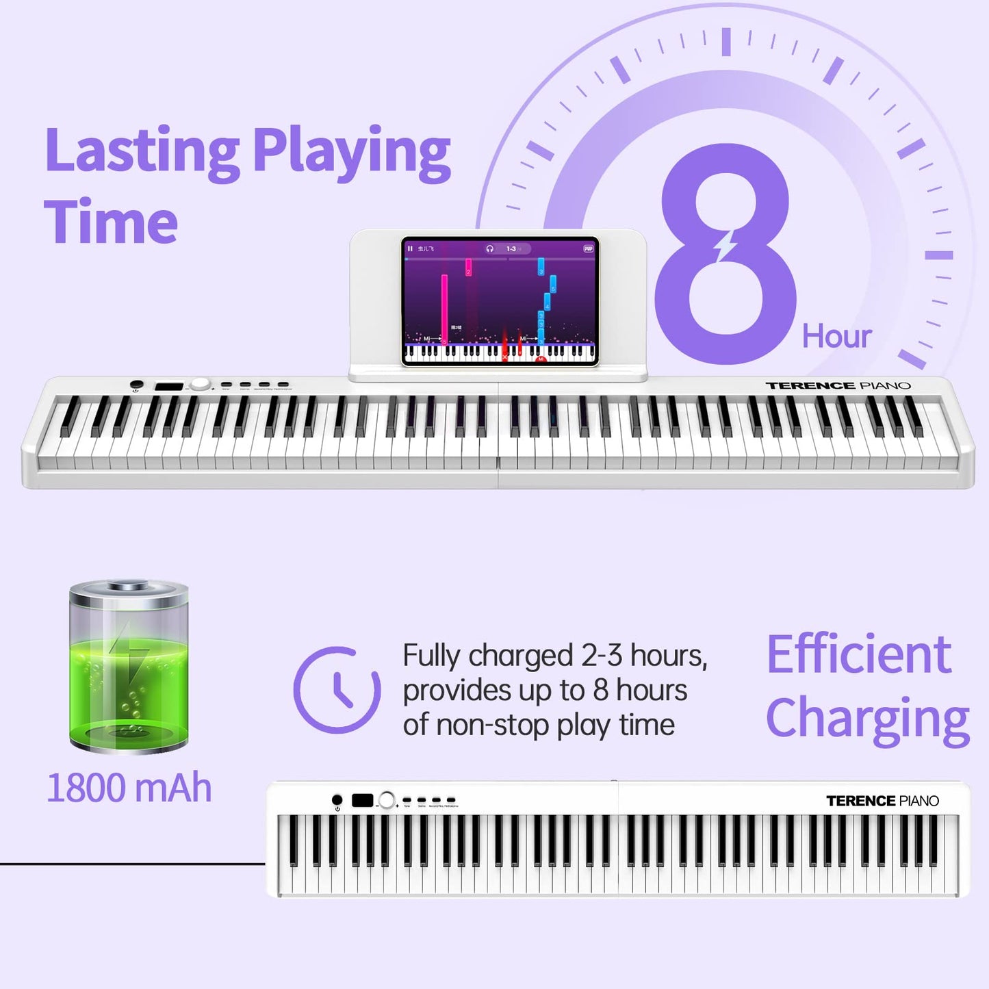 TERENCE 88-key piano Foldable keyboard with 1800mAh battery Support MIDI USB interface Piano app Bluetooth Music stand Stickers Audio cable Headphones Sustain pedal White