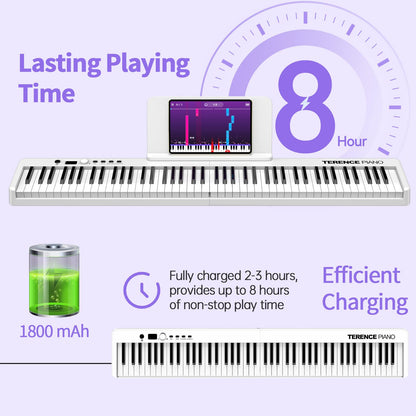 TERENCE 88-key piano Foldable keyboard with 1800mAh battery Support MIDI USB interface Piano app Bluetooth Music stand Stickers Audio cable Headphones Sustain pedal White