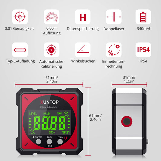 XUNTOP Digital Angle Finder Level Laser Water Level with LCD Display, Type-C Interface IP54 Waterproof Magnetic Leveling Box for Woodworking, Construction, Decoration, DIY