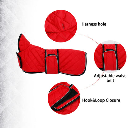 Geyecete - Warm winter coat for dachshund dogs, dog winter jackets with plush lining, outdoor jackets with adjustable belt and harness hole, for medium and small dachshunds-Red-M