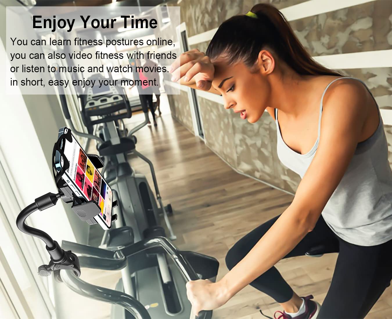 Oilcan Bike Phone Holder Flexible & 360° Rotatable, Handlebar Phone Mount for Elliptical, Treadmill, Spinning Bike, Exercise Bike. Fits iPhone 14 Pro Max, Samsung, 4-7" smartphones.