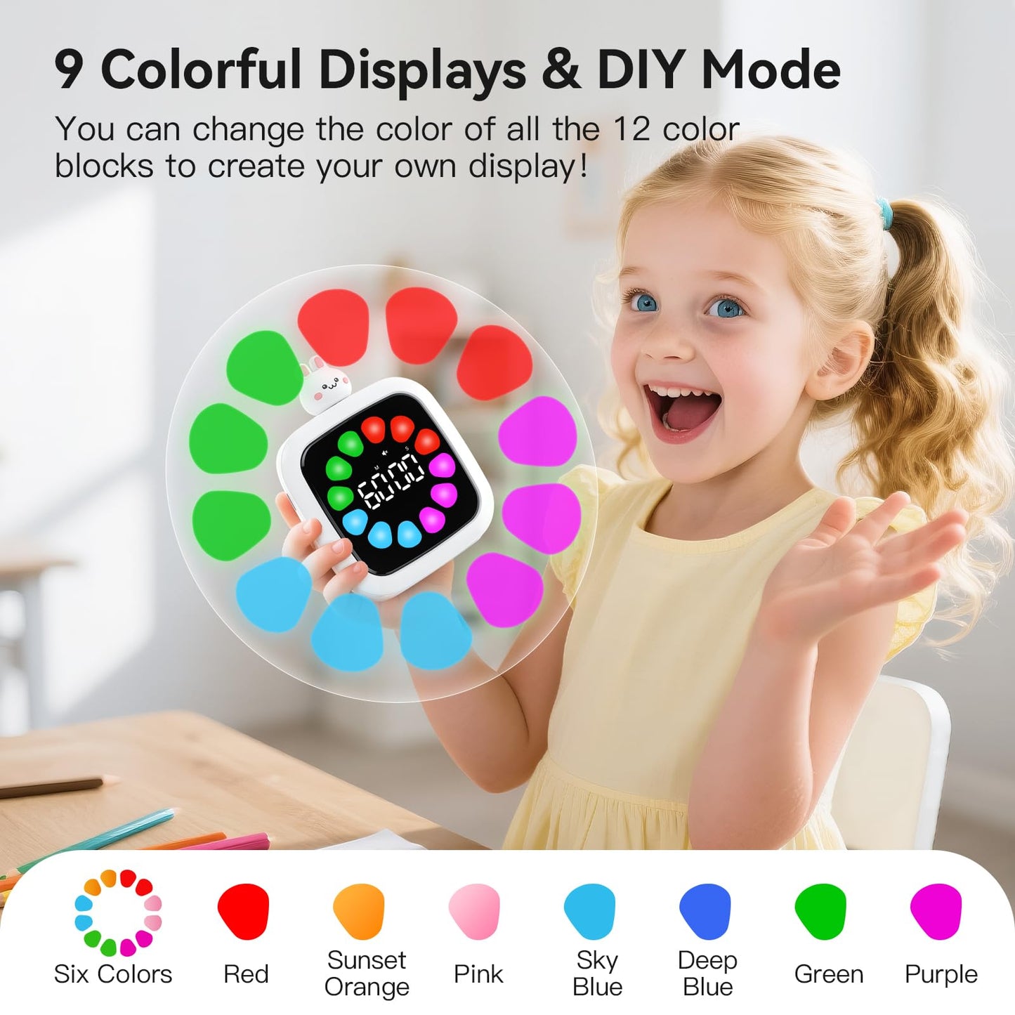 Yunbaoit Digital Visual Timer for Kids, Rechargeable Countdown Timer for 99 Minutes with 9 Optional DIY Colored Petal Display, Time Management Tool with Pause Function (3 Models)