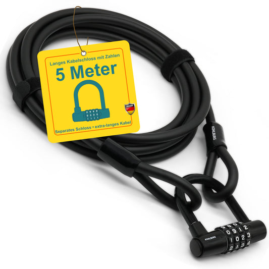 KOHLBURG Cable Lock 5 meters long with number combination - 500cm combination lock - Steel cable lock 5m coated - Steel cable 500 cm with code for bike garden furniture & bike lock.