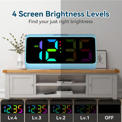 Loud alarm clock for heavy sleepers, Digital Alarm Clock with Colorful Display, Dual alarms, 5 brightness levels, 4 volume levels, Snooze function, Bedside Alarm Clock for kids, teens, seniors, and heavy sleepers.