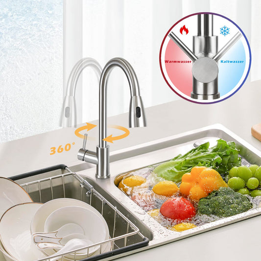 Kitchen faucet high pressure - faucet with spray sink mixer tap pull-out 360° swivel stainless steel dual function kitchen tap - brushed nickel.