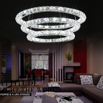ATUM 72W Modern Crystal LED 3 Ring Design, Creative Chandelier Hanging Light for Bedroom Living Room Dining Room (Cool White, 72W)
