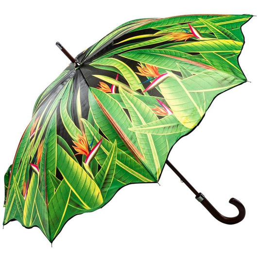 LUCKYWEATHER umbrella for women with Strelitzia design. Large, sturdy, and high-quality umbrella with UV protection.