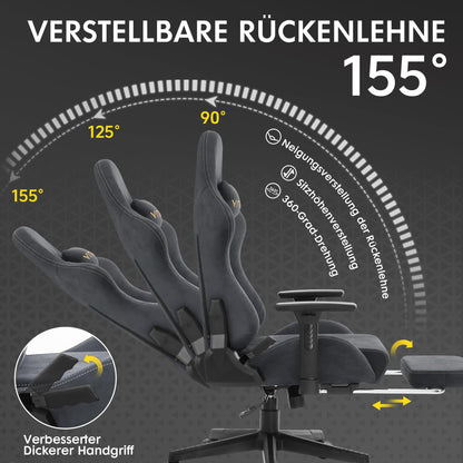 Vittanly Gaming Chair, Luxurious Suede Fabric Office Chair, Ergonomic Desk Chair with Footrest Headrest and Lumbar Pillow, 3D Armrests, 90-155° Backrest, Grey
