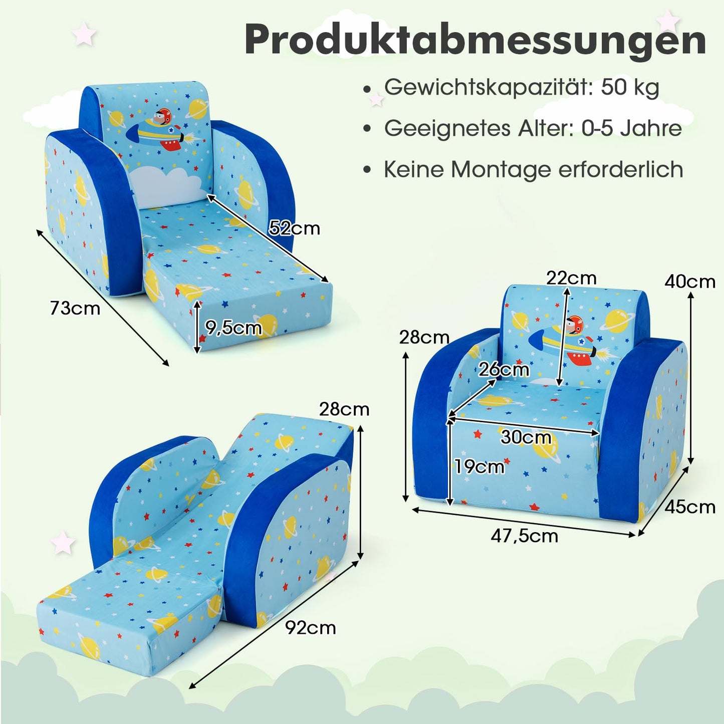 COSTWAY 3 in 1 Kids Sofa Foldable, Upholstered Velvet Children's Armchair, Kids Sleeper Sofa with Removable Protective Cover, Kids Couch for Children up to 5 Years (Spaceship)
