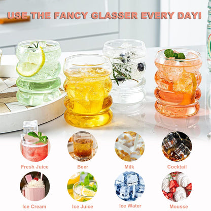 Ribbed Glasses Set (350ml x 6) Cocktail Glasses Wavy Water Glasses Drink Glasses Juice Glasses Drinking Glasses made of glass Glasses for Water Drinking Juice Universal Glasses with glass straws and brushes