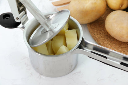 Rorence stainless steel potato masher with 3 interchangeable discs & inner cup & silicone grips (Black)