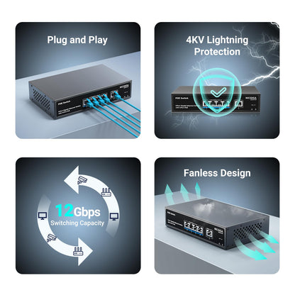 4-Port Gigabit PoE Switch Unmanaged with 4 Port IEEE802.3af/at PoE @78W, 1 x 1000Mbps Uplink, NICGIGA 5-Port Network Power Over Ethernet Switch, VLAN Mode, Desktop/Wall Mount.