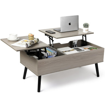 VOWNER coffee table, adjustable height, retractable, hidden storage compartment, double lift top, side table, light gray.