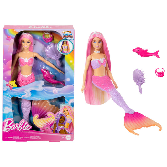 Barbie Mermaid Doll - Inspired by the TV series "Barbie: A Hidden Magic", with color-changing effect and accessories, 19 cm long pink hair for styling, for children aged 3 and up, HRP97