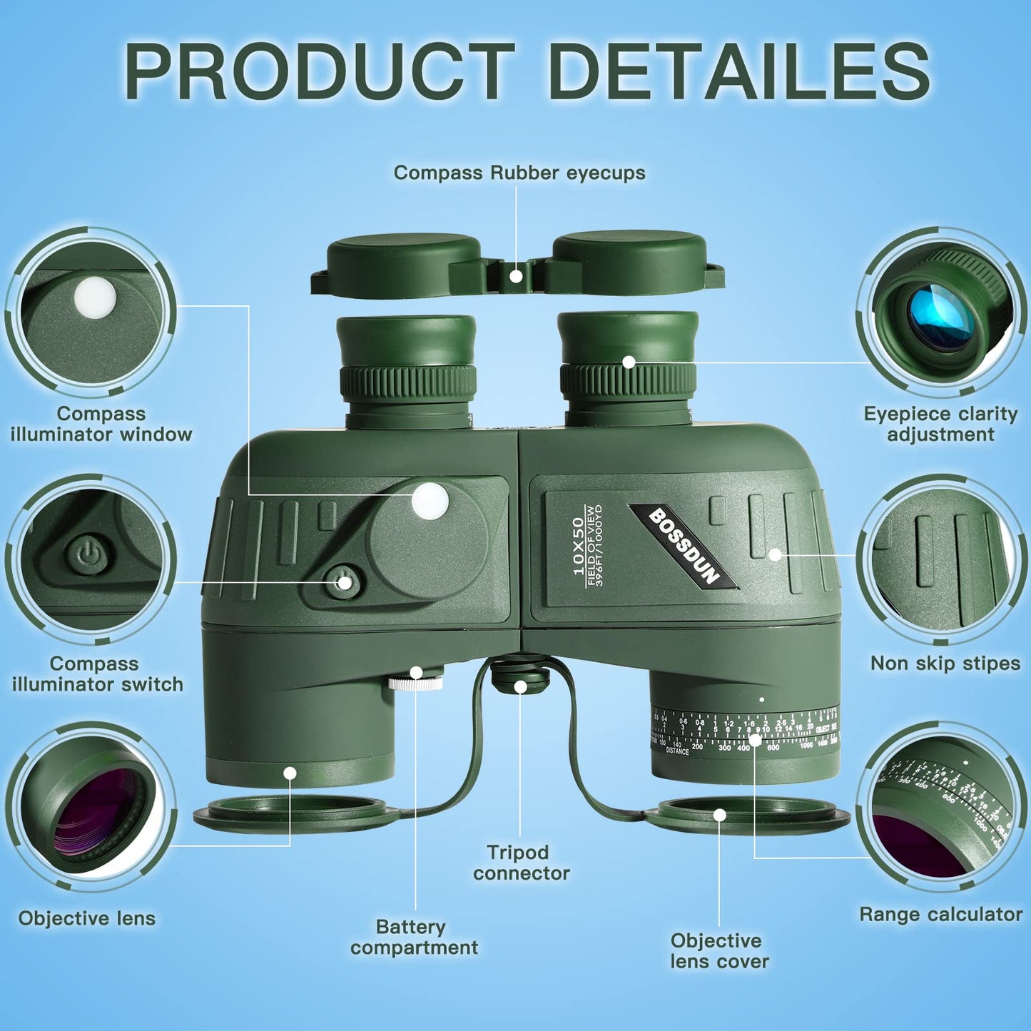 10x50 Marine Binoculars with night vision rangefinder and compass, perfect for water sports enthusiasts and hobby sailors. Includes carrying case, dust caps, and neck strap.