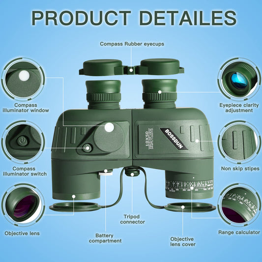 10x50 Marine Binoculars with night vision rangefinder and compass, perfect for water sports enthusiasts and hobby sailors. Includes carrying case, dust caps, and neck strap.