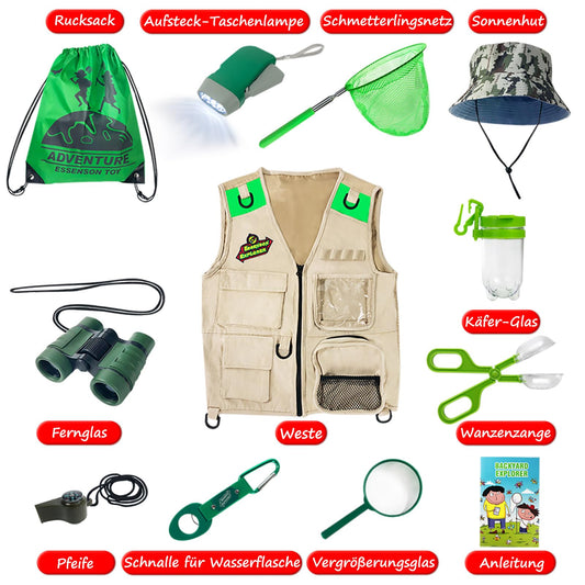 Outdoor Explorer & Bug Catcher Kit with kids vest, binoculars, magnifying glass, butterfly net, hat, and backpack, Adventurer Set gifts for 3-10 year old boys toy