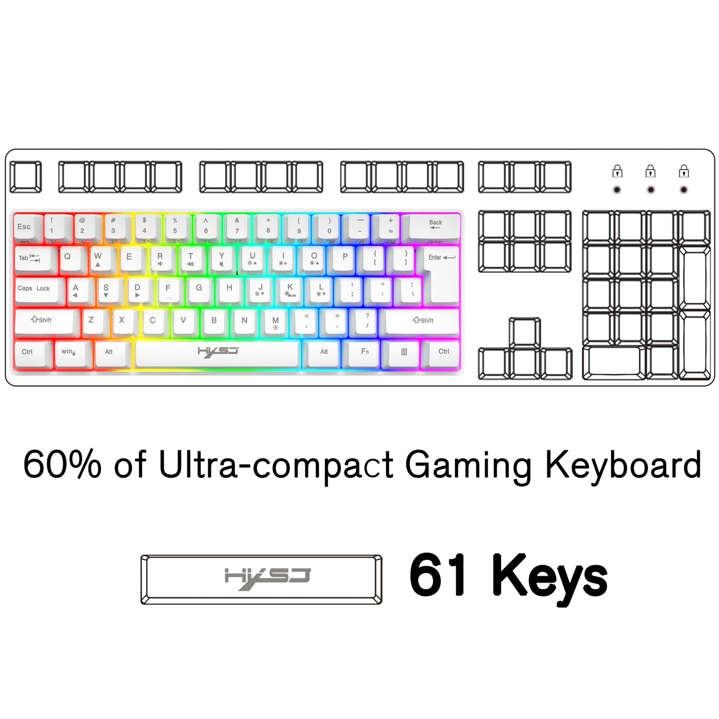60% wired RGB gaming keyboard, 61-key mini keyboard with 11 RGB Chroma backlighting, floating ABS keycaps, full anti-ghosting keys, mechanical USB keyboard