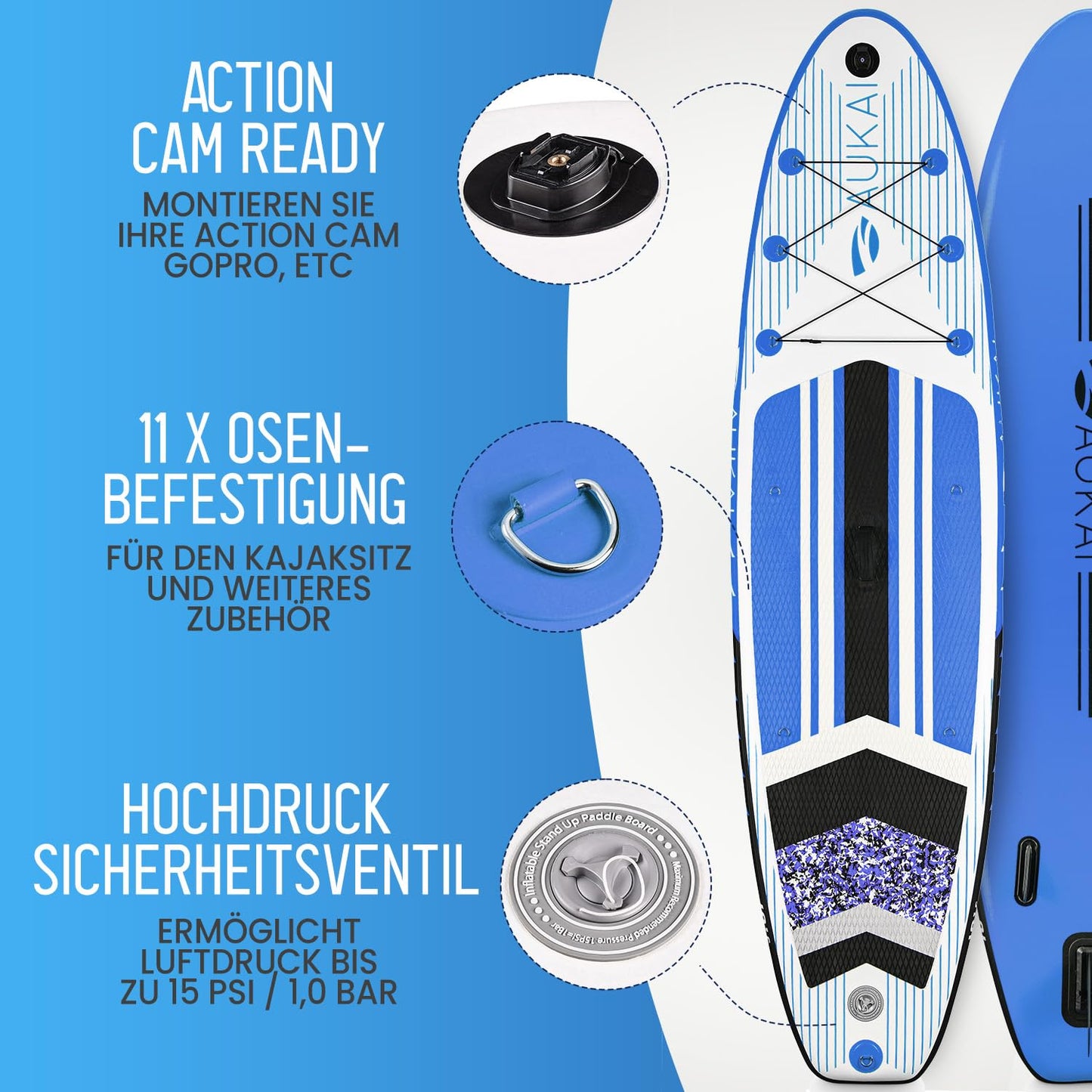 AUKAI SUP Board PRO | Inflatable Stand up Paddle Set | 320cm various models | 5 year warranty | includes special accessories | 2in1 paddle kayak seat action cam mount ankle leash pump backpack (Orange)