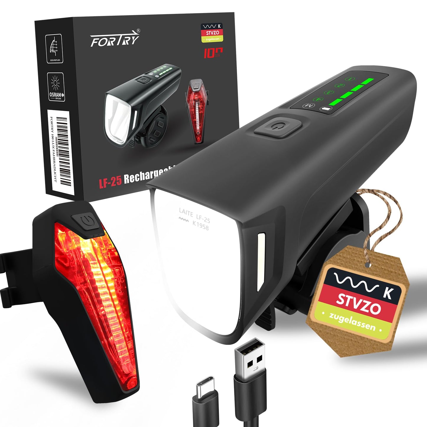 FORTRY bike light set, StVZO certified bicycle lighting, USB Type C rechargeable bike lights LED set, IPX5 waterproof front and rear bike lights (100 LUX with LightSense).