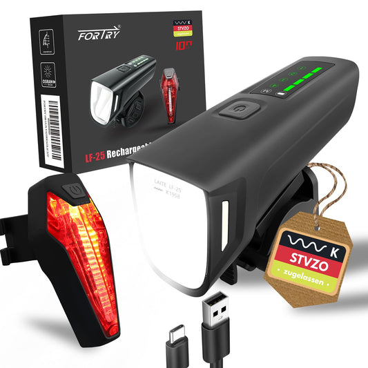 FORTRY bike light set, StVZO certified bicycle lighting, USB Type C rechargeable bike lights LED set, IPX5 waterproof front and rear bike lights (100 LUX with LightSense).