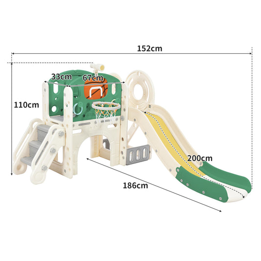5 in 1 children's slide for indoor and outdoor use for ages 1-6. Playground for kids with long slide, storage box, tunnel, stairs, basketball hoop, and passageway. Green garden slide.