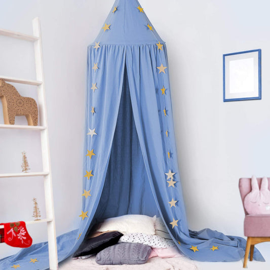 CeeKii Canopy Nursery Bed Canopy, Bed Curtain Baby Room Decor Mosquito Net for Princess Play Tents Baby Bed Bedroom Decoration with Star Garland (Blue)