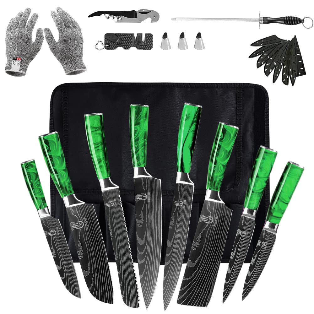 FULLHI Knife Set, 14pcs Japanese Knife Set, Multicolored Premium German Stainless Steel Kitchen Knife Set