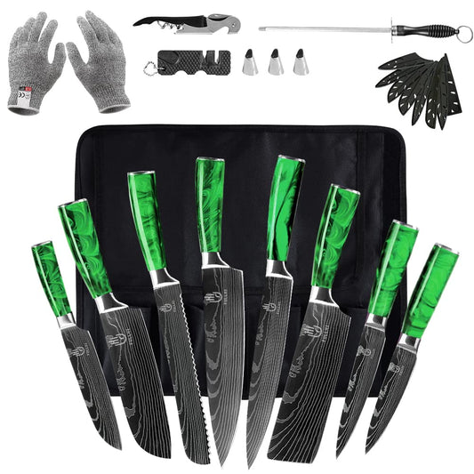 FULLHI Knife Set, 14pcs Japanese Knife Set, Multicolored Premium German Stainless Steel Kitchen Knife Set