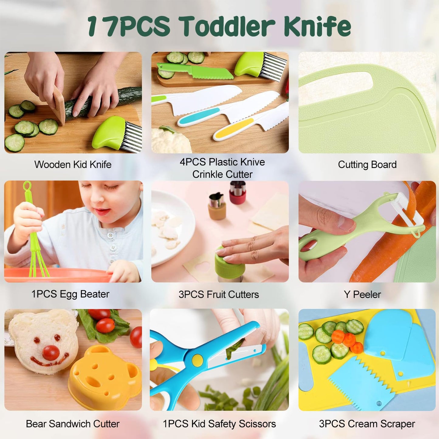 Cevikno Kids Knife Set - Wooden kitchen knife set for toddlers including cutting board, Y-peeler, crinkle-cutter. Montessori child-friendly knife (Yellow).