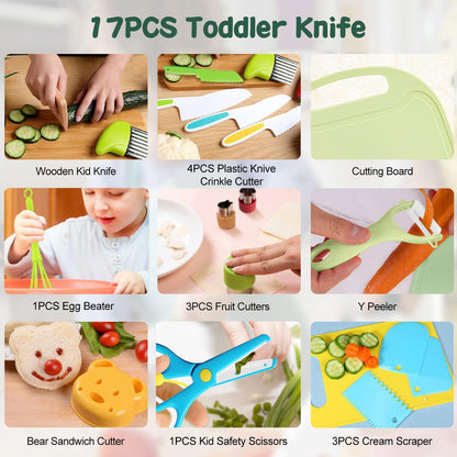 Cevikno Kids Knife Set - Wooden kitchen knife set for toddlers including cutting board, Y-peeler, crinkle-cutter. Montessori child-friendly knife (Yellow).