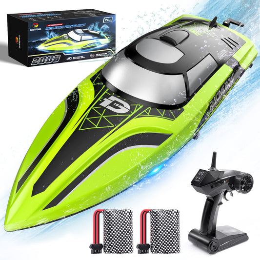 DEERC RC boat with LED light, remote controlled, for pools and lakes, 20+ km/h, 2.4GHz racing boats with 2 batteries, pool toy for kids, remote controlled watercraft (Green)