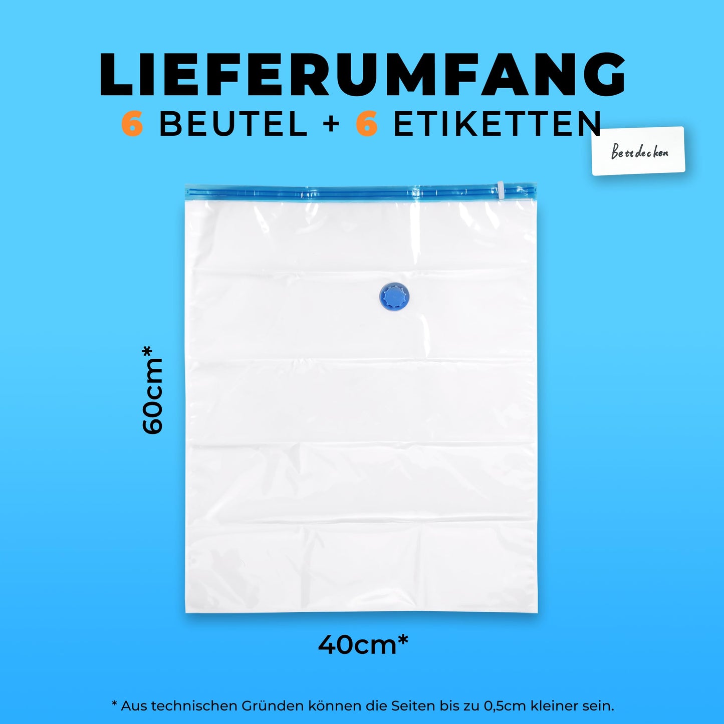 The vacuum bags for clothes and comforters by figg (6-pack - 60x40cm*) - 6 vacuum bags including 6 labels - vacuum storage bags for vacuum cleaner storage.