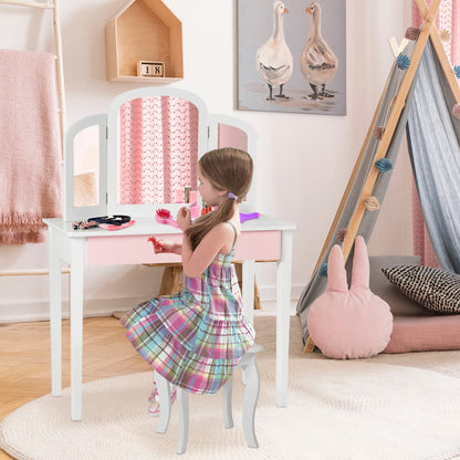 GOPLUS 2 in 1 Kids Vanity Table, Dressing Table & Chair, Makeup Table with Removable 3-Fold Mirror & Drawer, Padded Stool, made of wood, in country style, Children's Vanity Table for Girls (White)
