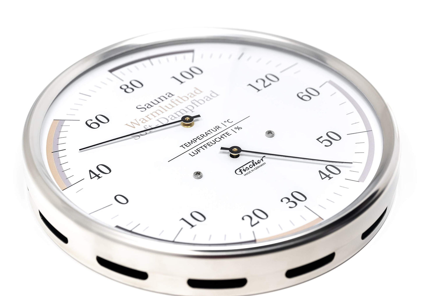 Fischer 185.01 Sauna Universal Thermohygrometer - 160mm Hair Hygrometer and Bimetal Thermometer made of stainless steel. Made in Germany.