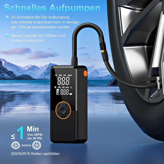 Electric air pump, electric pump with 10000mAh battery, 150PSI portable mini compressor with pressure gauge, electric bike pump with digital LCD screen for bikes, motorcycles, cars & balls.