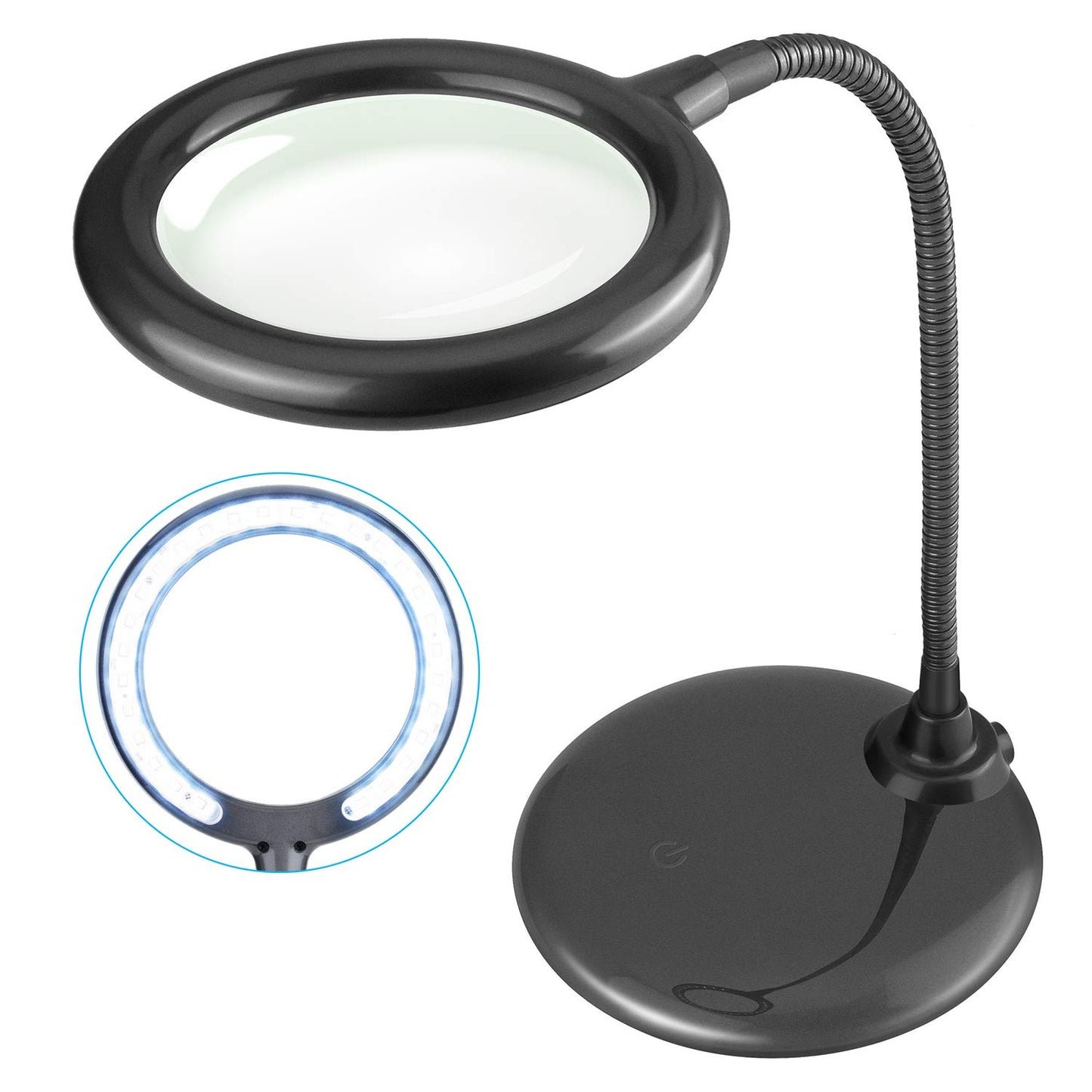 Raweao 5X magnifying glass with light and stand battery, rechargeable LED magnifying lamp, LED magnifying lamp with base, desk lamp with magnifying glass for reading, sewing, jewelers, model building (black)