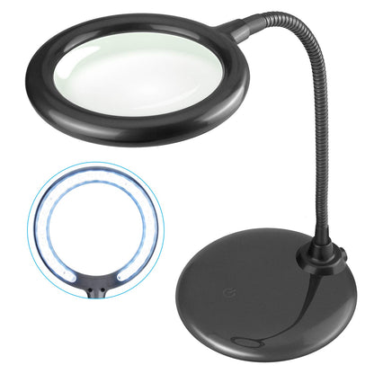 Raweao 5X magnifying glass with light and stand battery, rechargeable LED magnifying lamp, LED magnifying lamp with base, desk lamp with magnifying glass for reading, sewing, jewelers, model building (black)