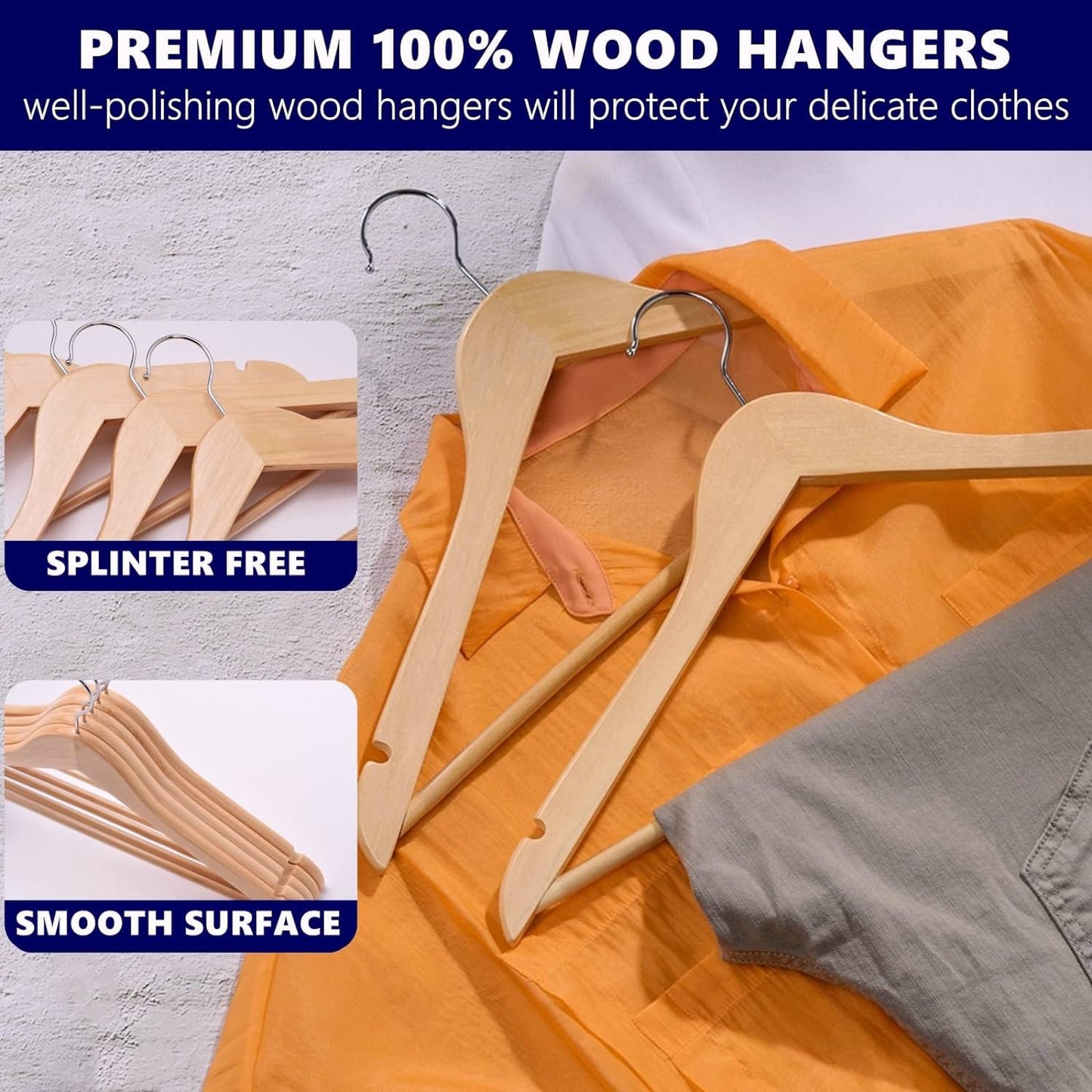 Amber Home 20 Pieces 44.5cm Natural Wood Hangers with Bar and Notch, Sturdy Organizer for T-shirt Shirt Suit Coat Dress Wedding Top